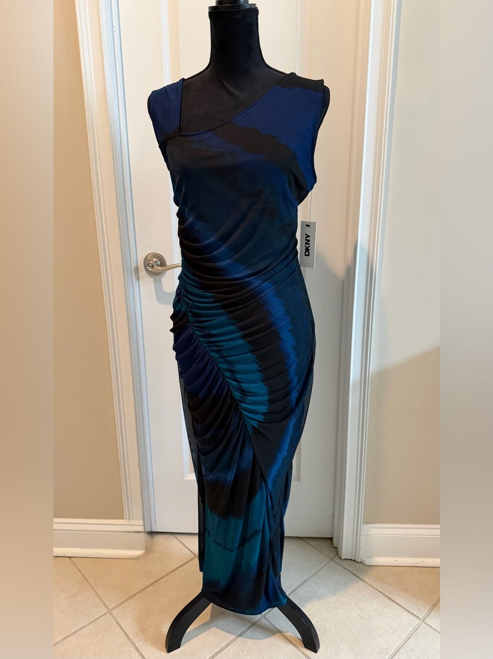 DKNY One-Shoulder Blue and Black Ruched Evening Gown